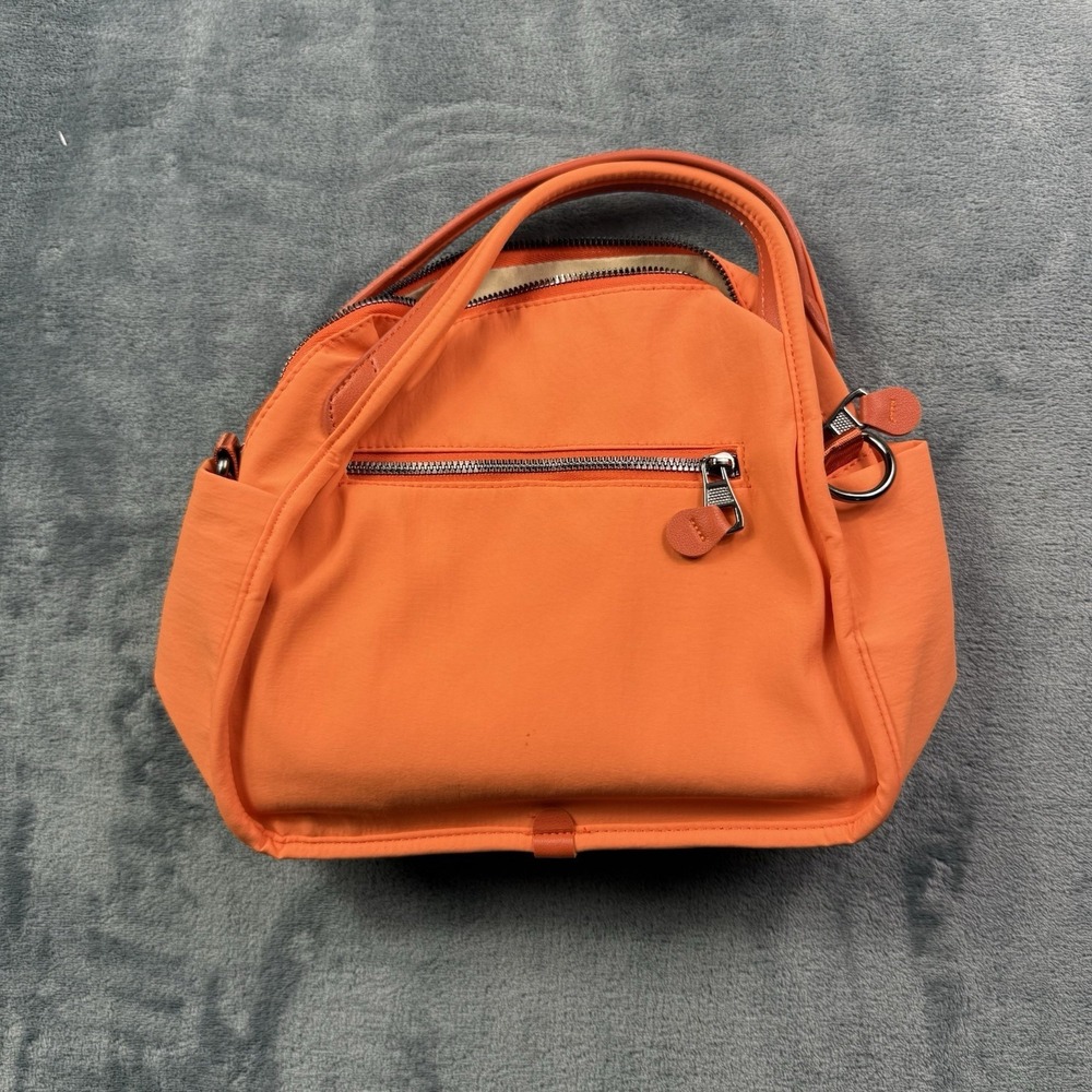 Neon Orange Nylon Satchel Handbag Tote Purse Multi Pocket Lightweight Bag - Picture 2 of 7